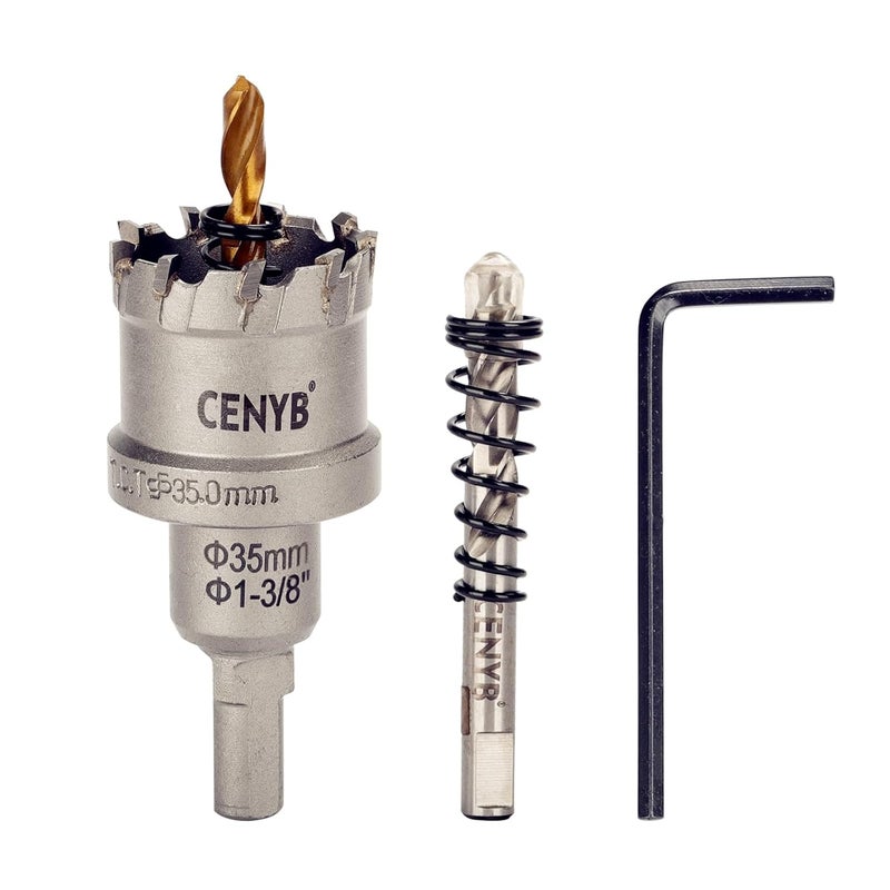 cenyb 1-3/8" (35mm) Tungsten Carbide Tipped Hole Saw with 2Pcs Titanium-Plated Pilot Drill Bits for Hard Metal,Stainless Steel,Iron,Aluminum Alloy,Wood and Plastic - Image 1